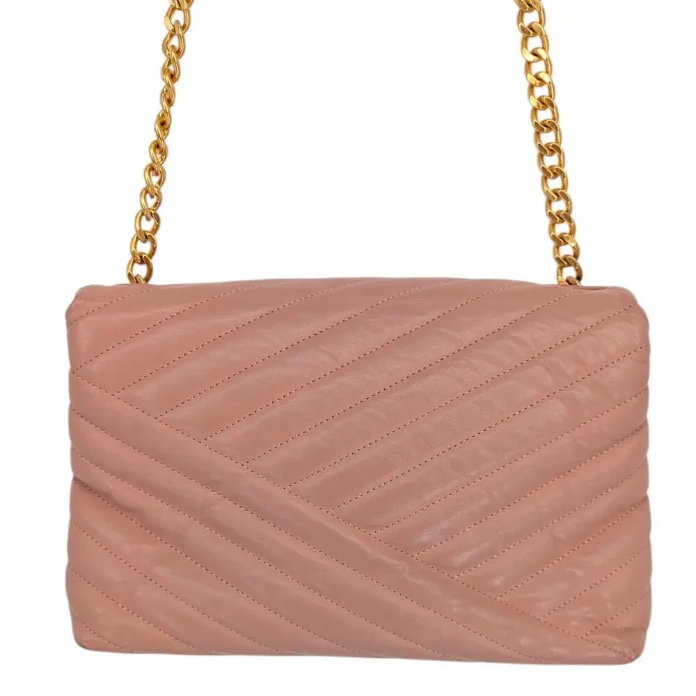 Tory Burch Kira Meadow Sweet Pink Leather Chain Shoulder Bag Gold